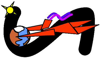 Graphic drawing of a person in red lying back and riding a curved black shape with the Earth and a yellow sun