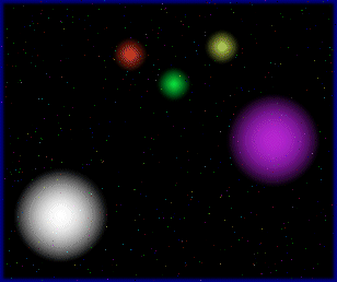 Glowing colored orbs, white, purple, green, red and yellow, floating in a black starfield
