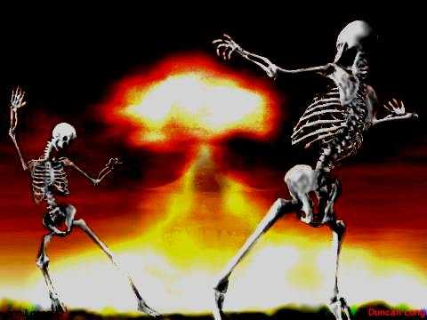 Two skeletons dancing wildly in front of a fiery mushroom-cloud explosion