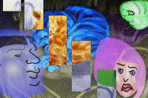 Textured collage of a blue sleeping face, a woman with pink hair looking worried, a green caterpillar-like creature and swirling blue shapes behind panels of orange texture