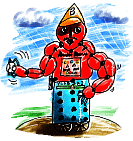 Crayon-style drawing of a big red robot with a cone head and claw hands on a polka-dot wheeled base, standing on a patch of ground under a blue sky