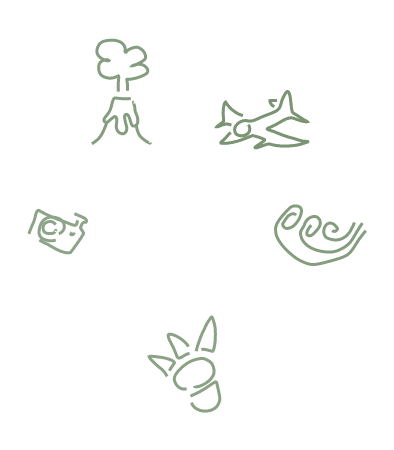 Faint gray-green doodles: a volcano-like creature, a jet plane, a turtle head, a curled wing, and a bunny-eared monster