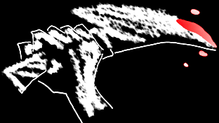 Rough white brushstroke shape like a clawed hand or wing on a black background, with red streaks at its tip