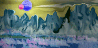 Painting of a wall of jagged blue-gray mountains under a yellow sky with a purple moon, reflected in water below