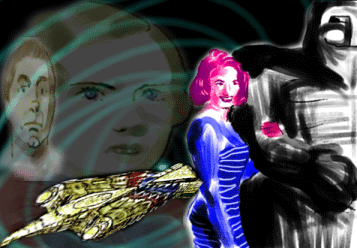 Collage of faces of a young man and woman fading into swirling space, a woman in a shiny blue suit with pink hair, a golden spaceship and a dark armored figure