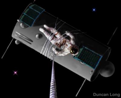 Computer render of an astronaut on a tether working on a large cylindrical spacecraft with solar panels against black space
