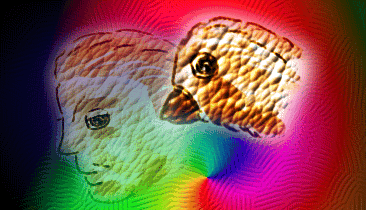 Rainbow-colored image of a young man's face in profile merging into the head of a brown bird