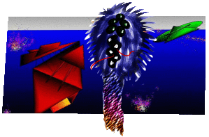Computer render of a spiky purple furry creature with a column of black eyes and a striped tail, beside a red folded object and a green flying craft over blue water