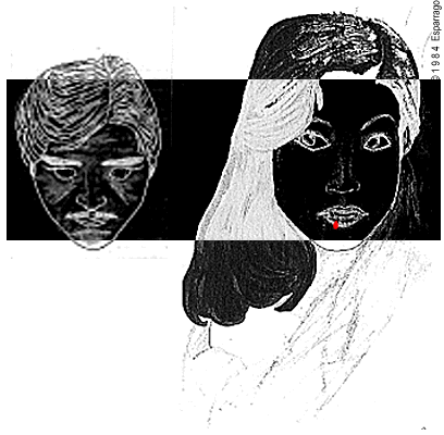 Black-and-white line drawing of a woman's face with long hair, part of it in negative, beside a smaller man's face