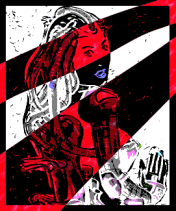 Red, black and white high-contrast image of a woman with a cloth over her mouth and an armored figure, cut by diagonal stripes