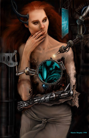 Painting of a red-haired woman with a hand to her mouth whose chest is opened like a machine, a round porthole showing blue circuitry while robotic arms and tools work on her