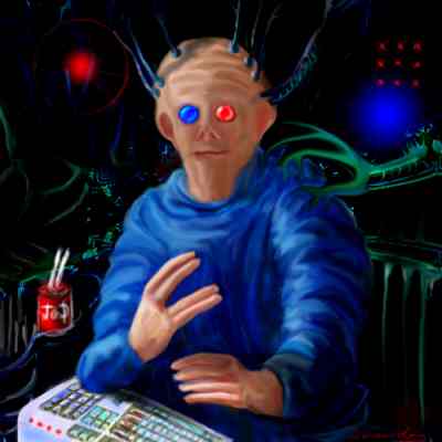 Painting of a bald man with glowing red and blue eyes and cables rising from his head, wearing a blue sweater and sitting at a glowing keyboard in a dark room