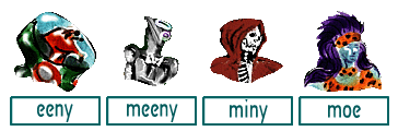 Four cartoon alien and monster heads above four buttons labeled eeny, meeny, miny and moe