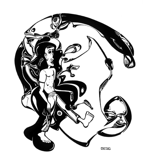 Black-and-white ink drawing of a barefoot young man in a loincloth stepping through swirling, curling organic shapes and tendrils