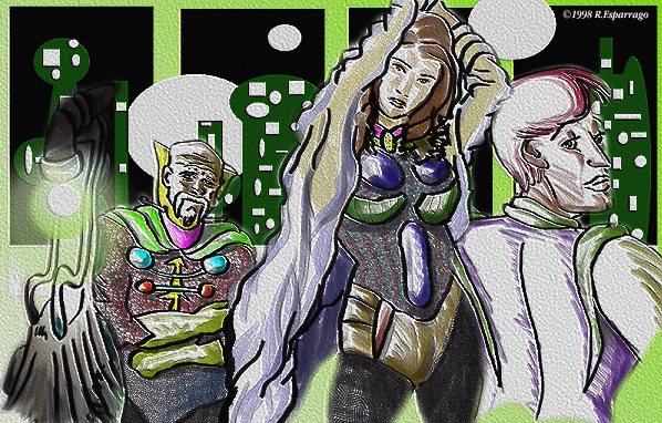 Collage-style illustration of three figures before a green city skyline: a bald bearded man in an ornate green-and-gold costume, a woman in a fur cloak and armored bodysuit with her arms raised, and a man with pink hair