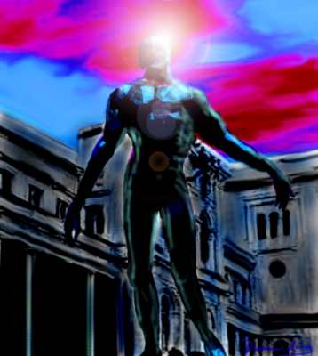 Dark metallic humanoid giant with a blazing light at its head striding past old stone buildings under a pink and blue sky