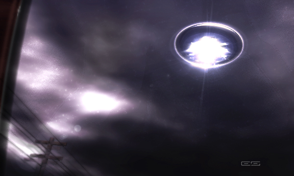 Glowing flying saucer hovering in a dark, cloudy night sky above power lines