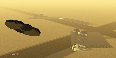 Computer-rendered ochre desert landscape with long flat strips, domed structures and a hovering dark disc-shaped craft