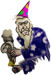 Cartoon of a scowling old wizard with a long white beard in a starry blue robe and a pink party hat, holding a smoking scroll