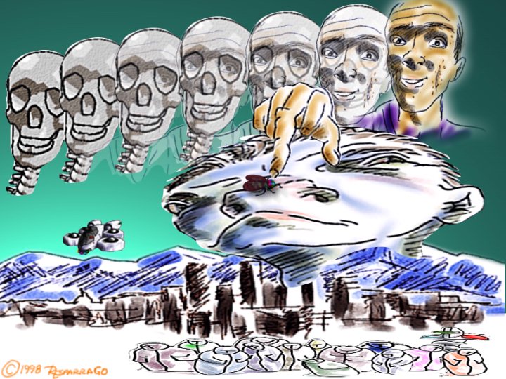 Colorful illustration of a row of skulls changing into a smiling man's face, a giant hand pressing a fly onto a sleeping head above a mountain city skyline
