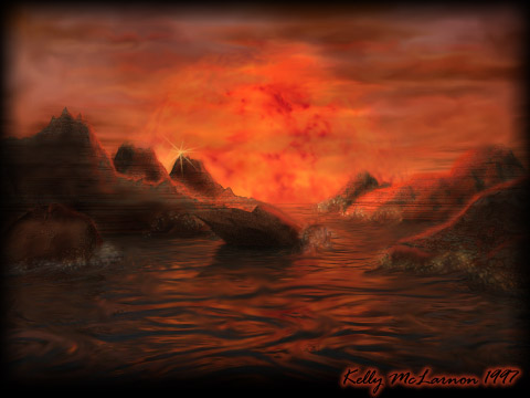Painting of a huge red sun over dark water and rocky crags, the whole scene glowing red and orange