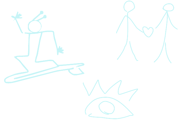 Faint light-blue stick-figure drawings: an antennaed alien surfing on a rocket, two figures holding hands with a heart between them, and a spiky-lashed eye