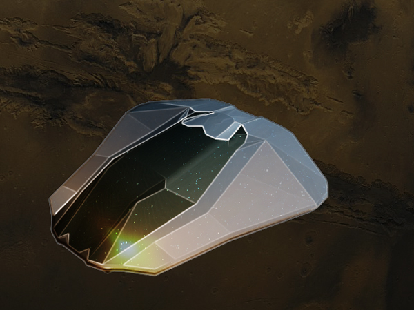 Faceted, crystal-like spacecraft flying low over a brown, cratered Martian surface