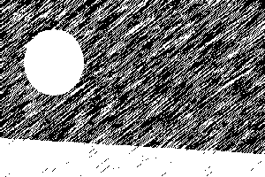 Black-and-white drawing of a pale moon or planet glimpsed through heavy diagonal streaks of storm over a flat white plain