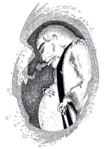 Pen-and-ink drawing of a heavyset, scarred man with a buzz cut and suspenders, eyes closed, curled inside an oval of maze patterns