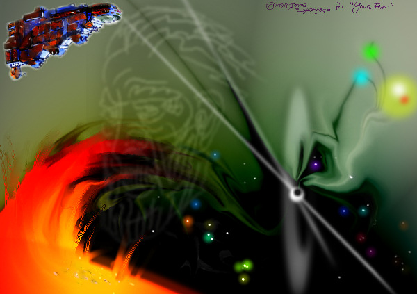 Abstract digital painting of a spaceship above swirling red and yellow flames, a faint face and a bright black-hole point of light among colored stars