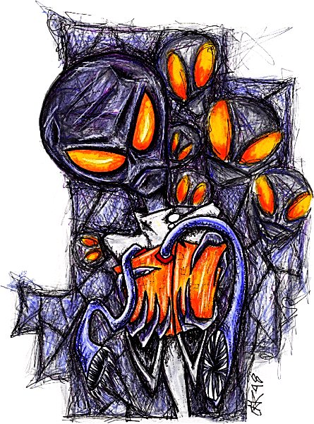 Scratchy pen-and-ink drawing in purple and black of a cluster of round-headed creatures with glowing orange eyes looming over a figure in a blood-orange robe