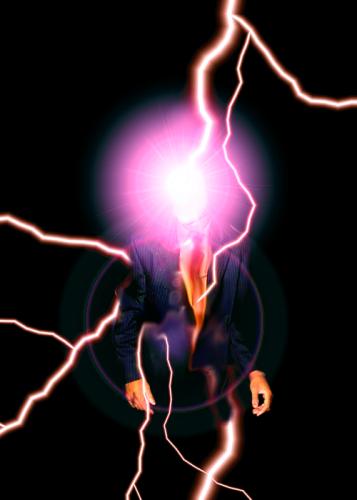 Man in a dark suit whose head is a burst of glowing pink light, surrounded by forks of lightning against a black background