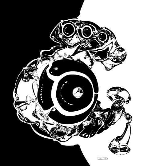 Stark black-and-white illustration of a curled, mechanical creature with goggle eyes and a huge round eye or wheel at its center, set against a half-black, half-white background