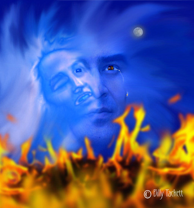 Painting of a man's ghostly blue face in the sky above a wall of orange flames