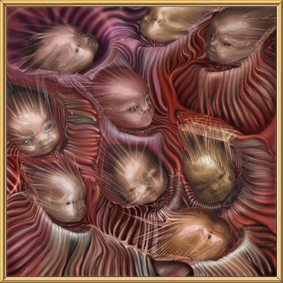 Framed surreal painting of a dozen pale baby-like faces nestled in folds of ribbed, fleshy red-brown tissue