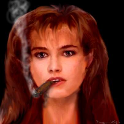 Painting of a young woman with long auburn hair holding a smoking cigar between her lips