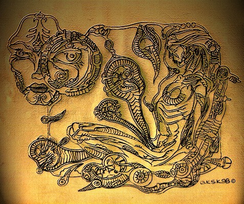 Intricate pen drawing on parchment-colored paper of interlocking faces, gears and mechanical forms