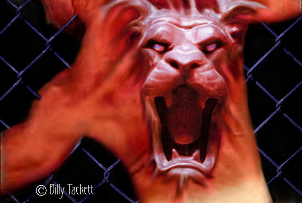 Roaring lion-like beast with bared fangs bursting through a chain-link fence, in red tones
