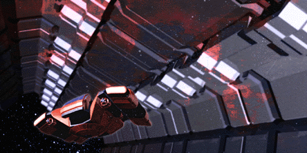 Rendered image of a red spacecraft flying beneath a vast ribbed gray space station corridor, against stars