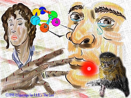Sketchy colored drawing of a crying man's face with a red glowing spot at his mouth, a woman's face, a hand, a small monkey and colored molecule-like balls