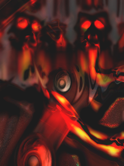 Dark abstract image of two red-eyed demonic dog faces glowing in red and orange swirls