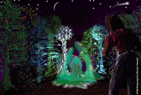 Night scene of a long-haired woman seen from behind in a glowing alien forest, watching a green luminous blob-like form rise among the trees