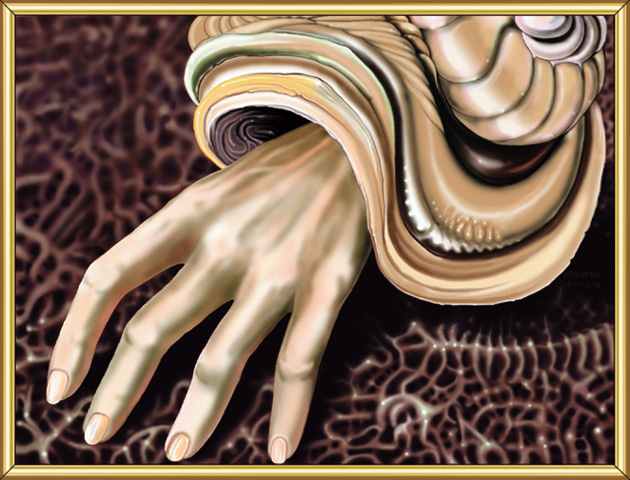 Framed surreal painting of a pale hand emerging from a cream-colored spiral shell over a dark web-like background