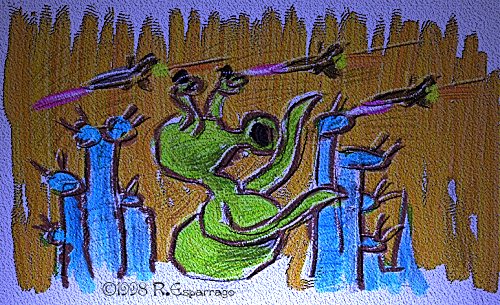Crayon drawing of a green alien creature with eyestalks fleeing among blue tree-like figures as small purple aircraft fly overhead