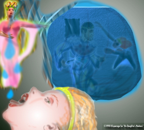 Dreamlike collage of a blonde girl's upturned face with mouth open, a woman in a pink dress pouring blue drops, and a man fighting a creature inside a blue bubble