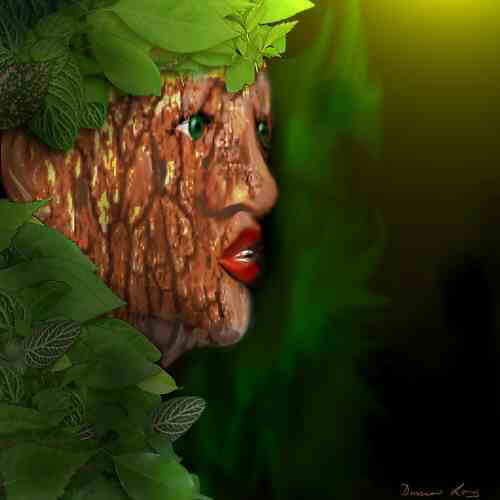 Painting of a woman's face made of tree bark with green eyes and red lips, surrounded by leaves