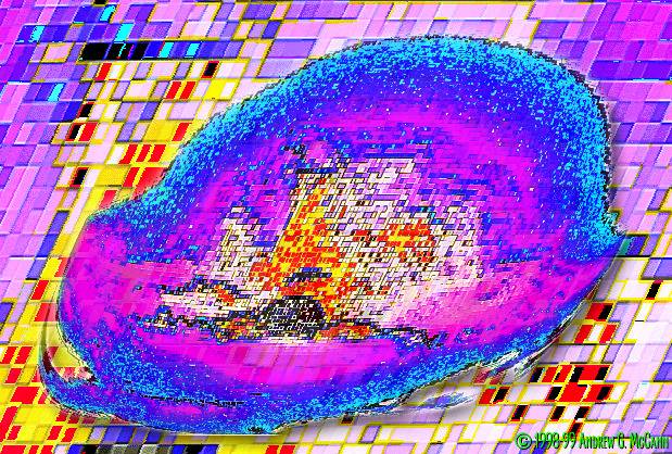 Psychedelic pixel-art image of a blue and magenta blob-shaped landscape with orange and yellow hues, set on a background of colored tiles