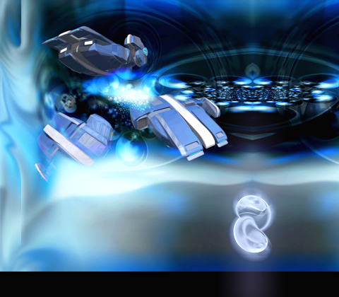 Rendered science-fiction scene of silver spaceships streaking through a glowing blue tunnel of light toward a disc-shaped station, with a translucent glowing figure-eight shape below