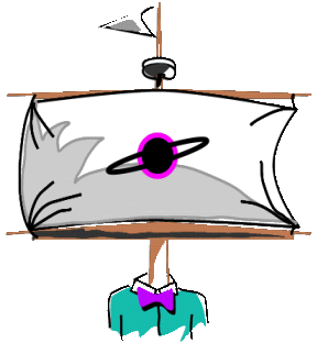Cartoon of a man in a teal shirt and purple bow tie whose head is a ship's sail with a ringed-planet emblem, with the mast run through his body