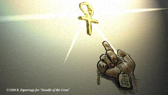 A gnarled hand pointing upward at a golden ankh-shaped cross glowing in rays of light